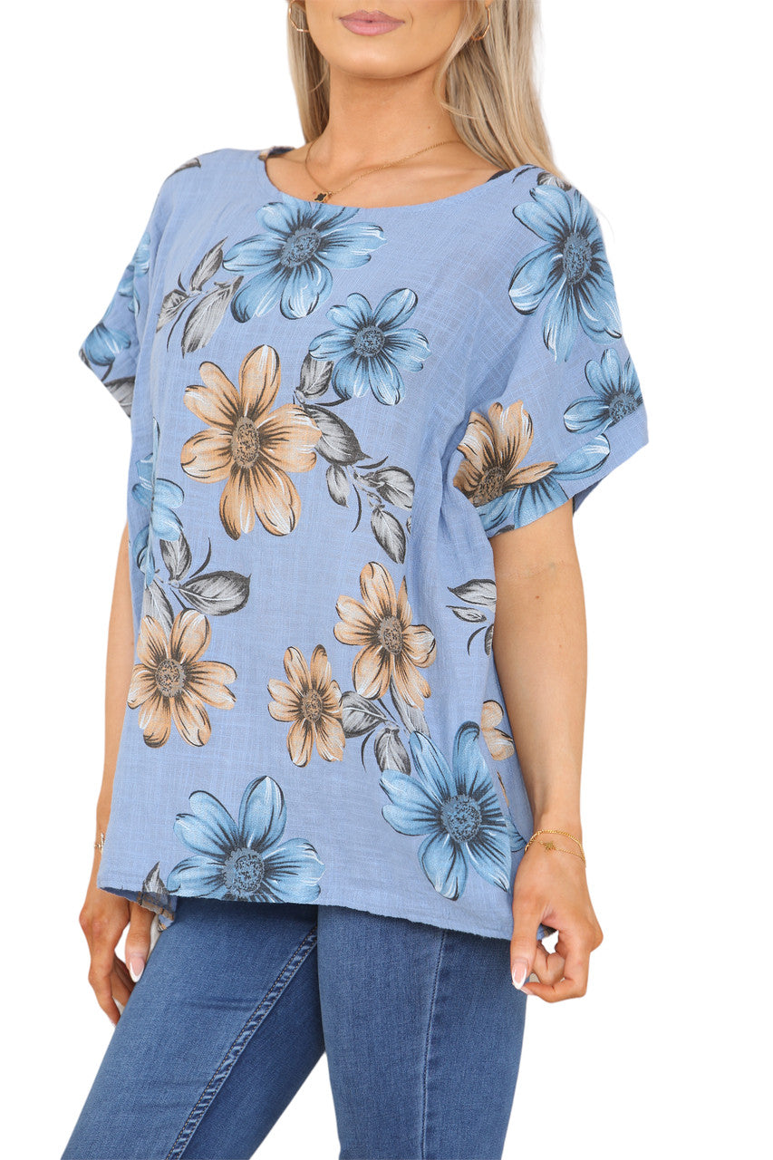 Ladies Daisy Print Top Denim