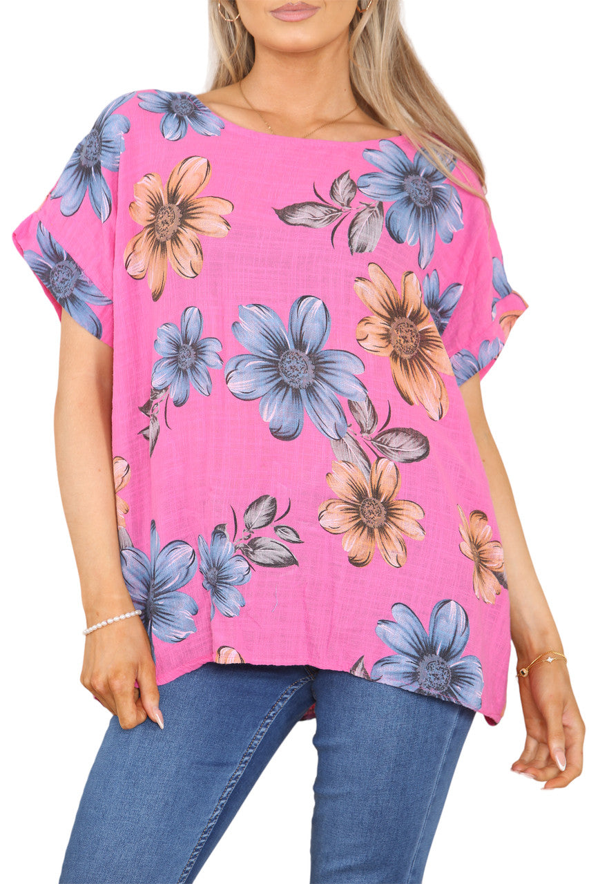 Ladies Daisy Print Top Cerise