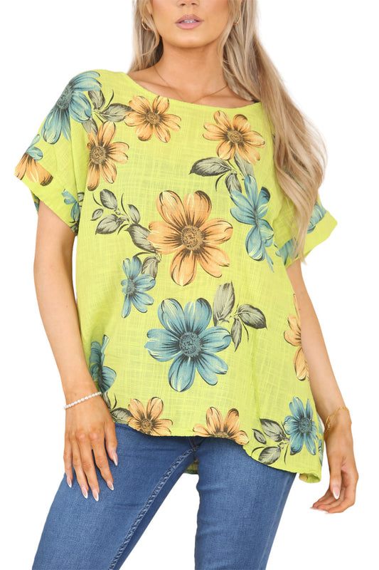 Ladies Daisy Print Top Lime