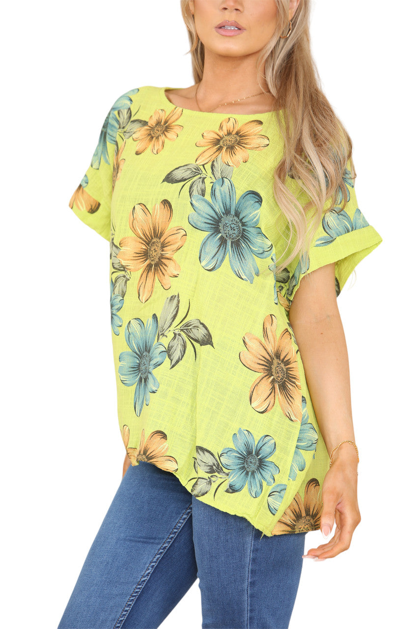 Ladies Daisy Print Top Lime