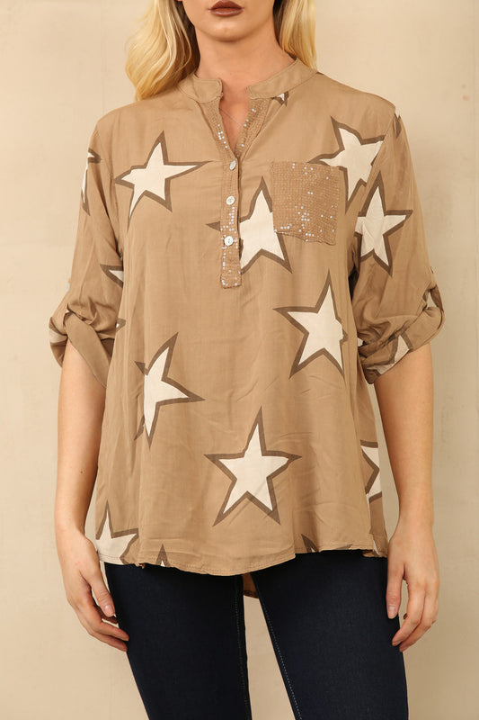 OVERHEMD GRANDAD SHIRT MET STERRENPRINT TAN