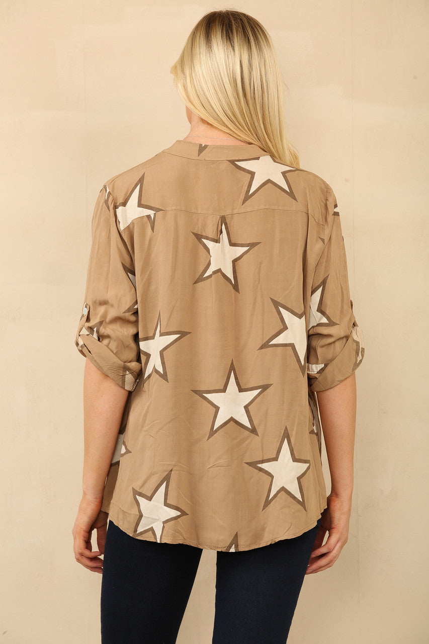 OVERHEMD GRANDAD SHIRT MET STERRENPRINT TAN