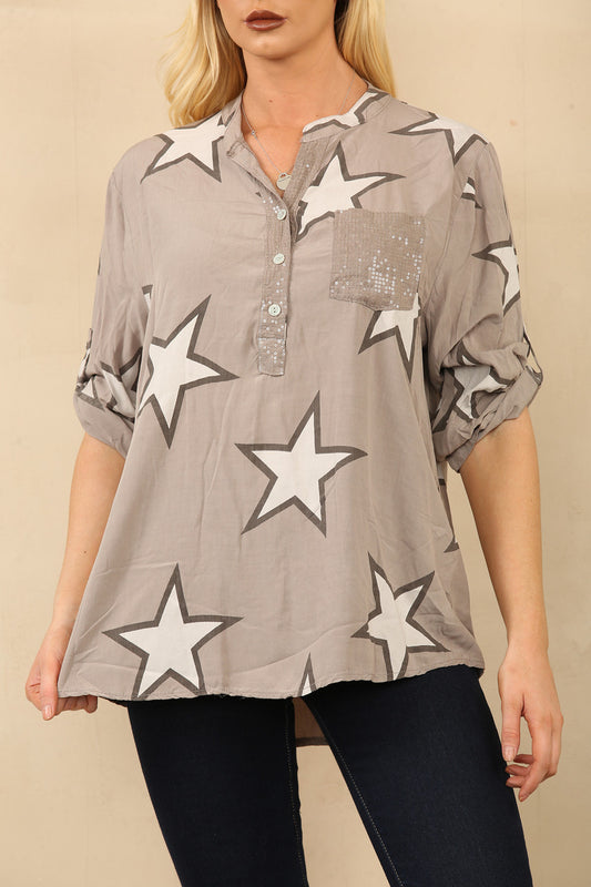STERRENPRINT GRANDAD OVERHEMDBLOUSE TAUPE