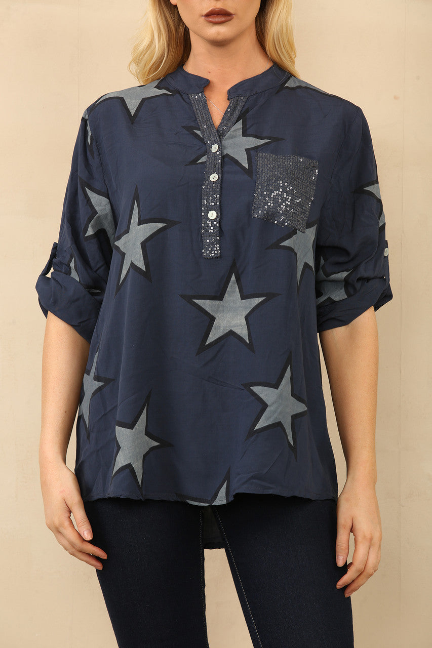 STERRENPRINT OVERHEMD GRANDAD BLOUSE NAVY