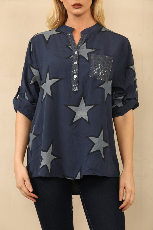 STERRENPRINT OVERHEMD GRANDAD BLOUSE NAVY