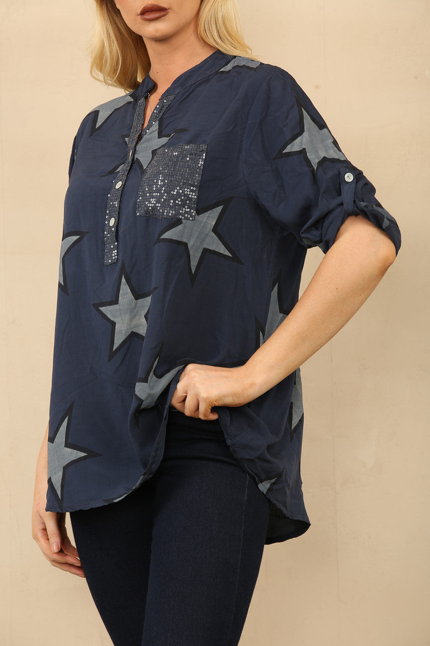 STERRENPRINT OVERHEMD GRANDAD BLOUSE NAVY