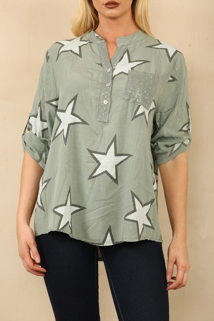 STERREN PRINT OVERHEMD BLOUSE KHAKI