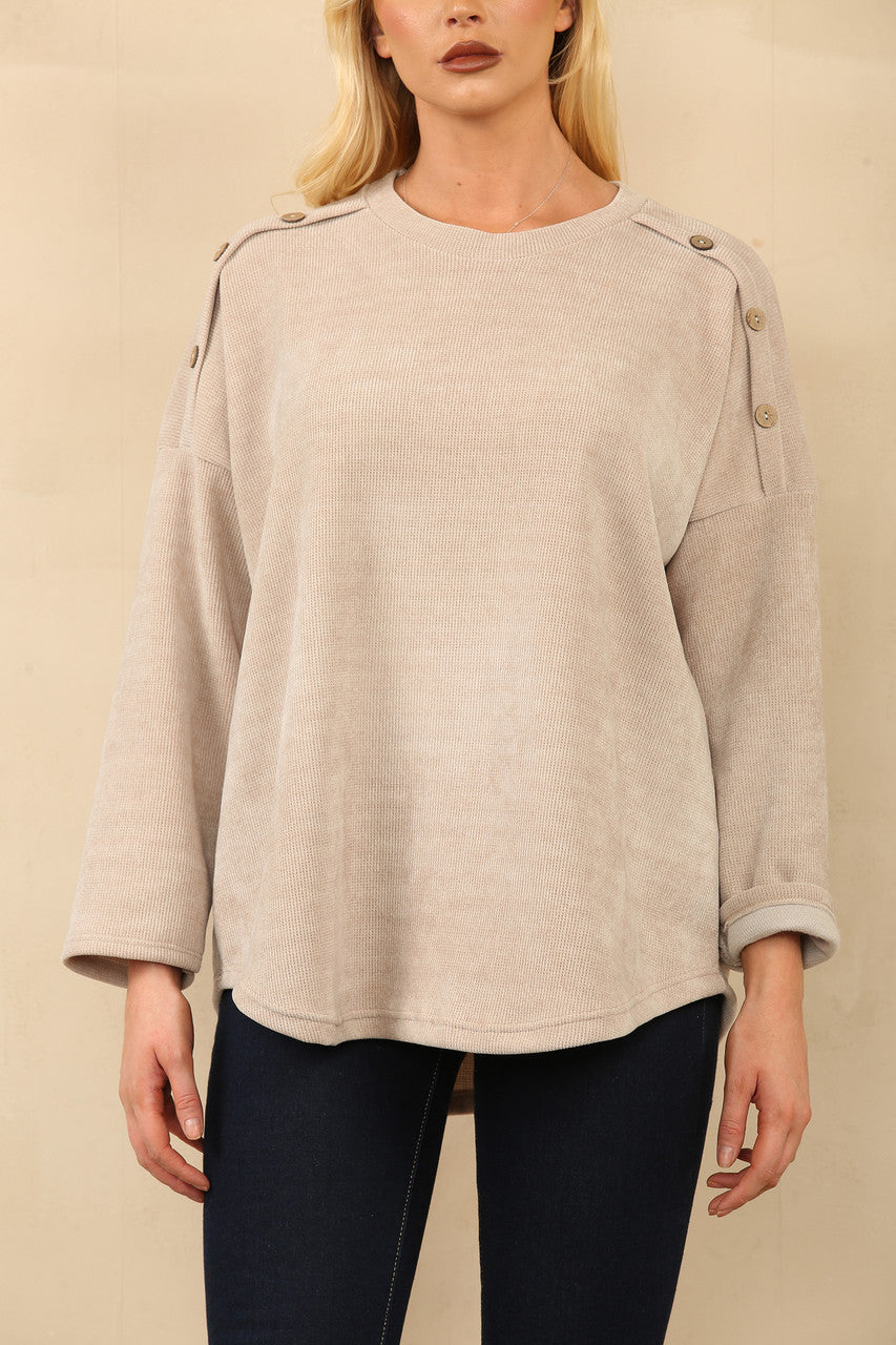 CORDUROY TOP MET KNOPEN OP DE SCHOUDERS, STEENKLEURIG