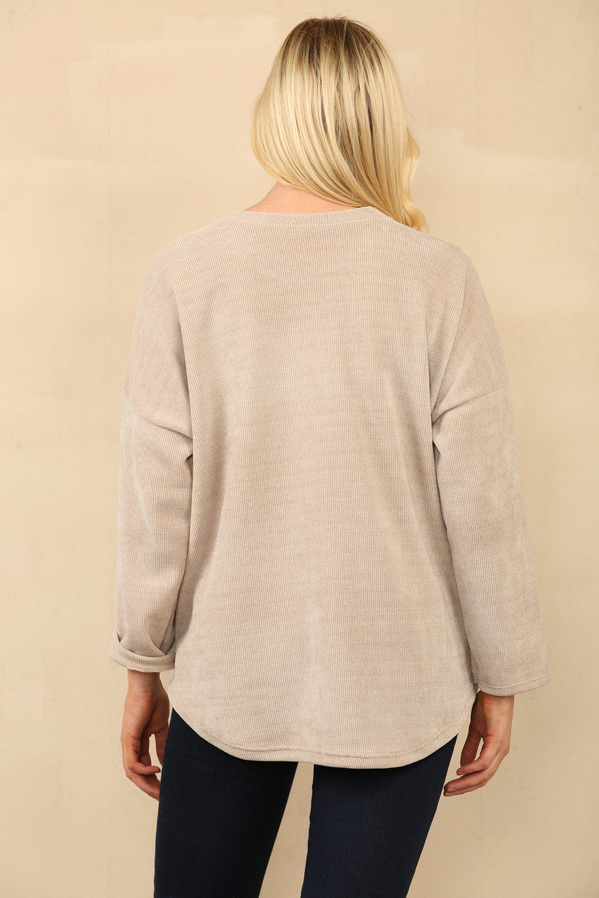 CORDUROY TOP MET KNOPEN OP DE SCHOUDERS, STEENKLEURIG