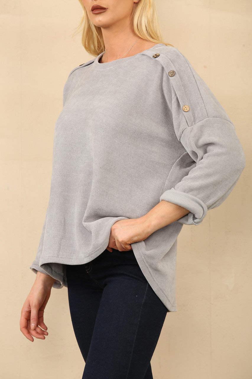 CORDUROY TOP MET KNOPEN OP DE SCHOUDERS GRIJS
