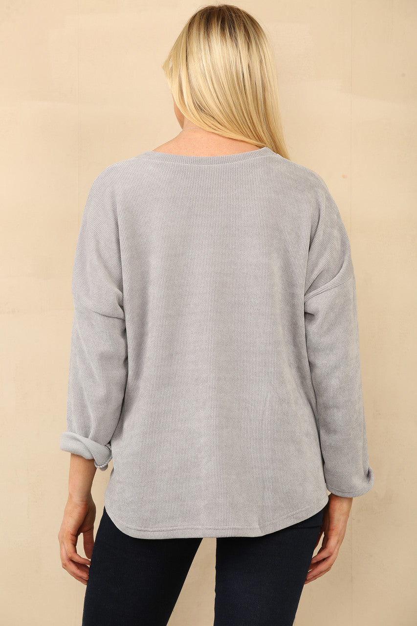 CORDUROY TOP MET KNOPEN OP DE SCHOUDERS GRIJS