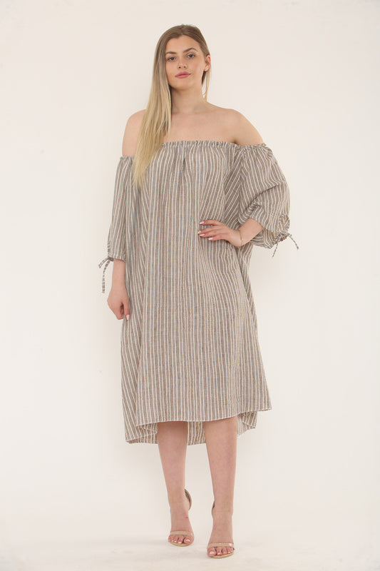 PINSTRIPE BARDOT DRESS - TAUPE