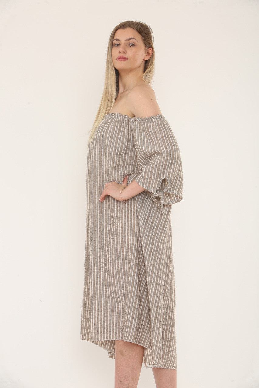 JURK MET BARDOTHALS EN NAALDSTREEP - TAUPE
