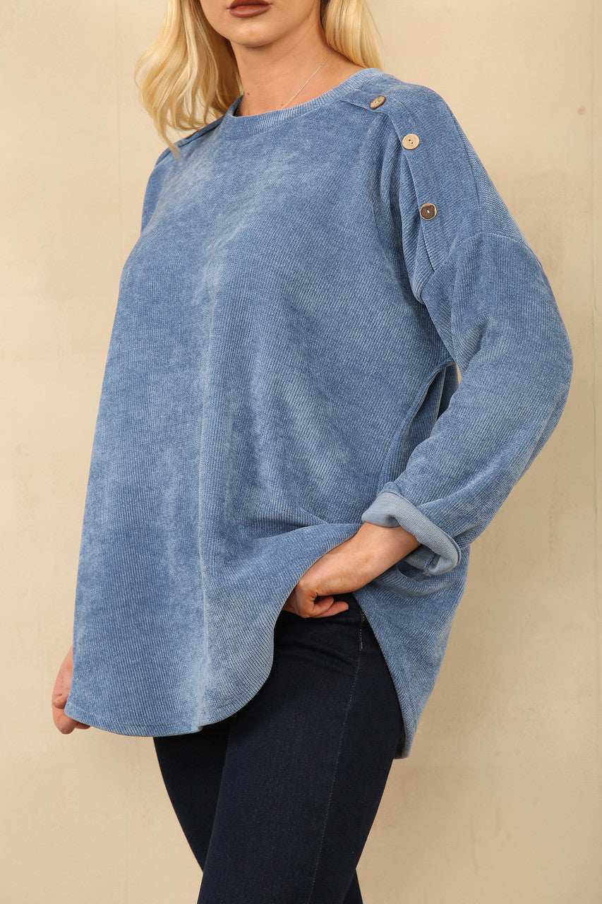 CORDUROY TOP MET KNOPEN OP DE SCHOUDERS DENIM