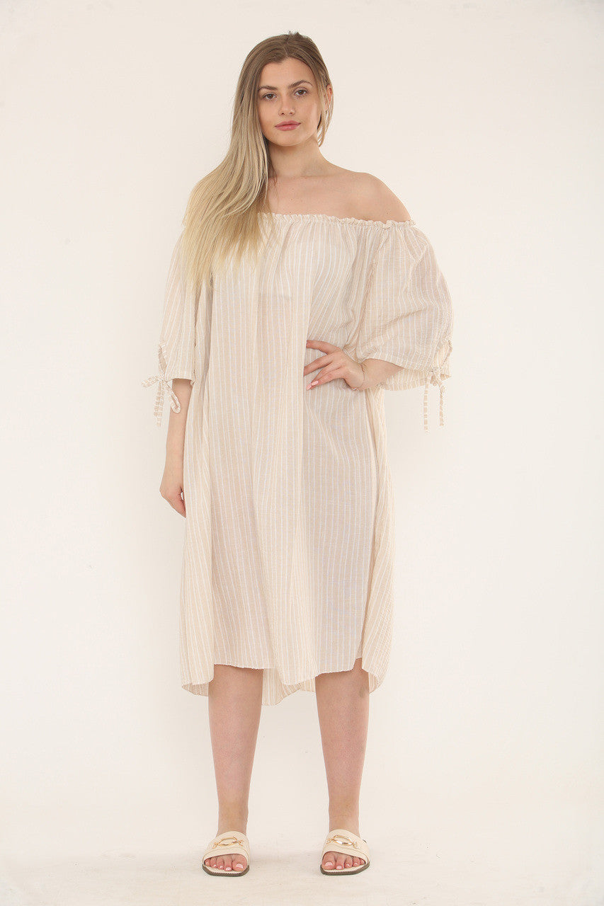 Pinstripe Bardot Dress - Stone