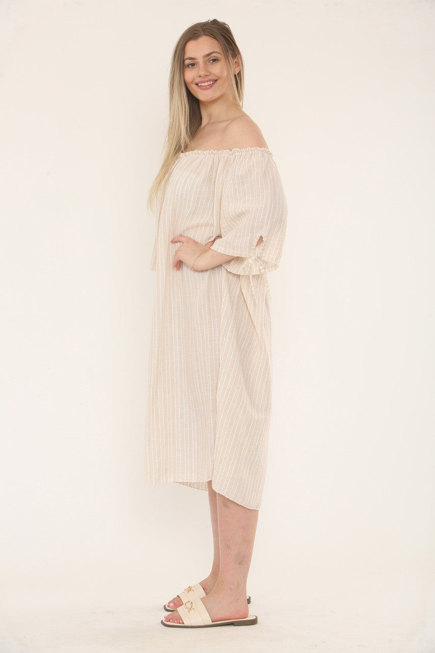 Pinstripe Bardot Dress - Stone