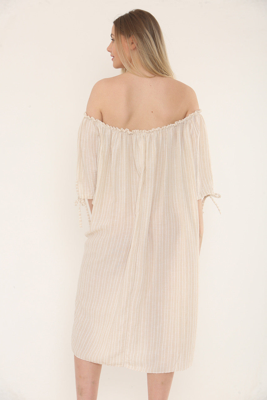 Pinstripe Bardot Dress - Stone