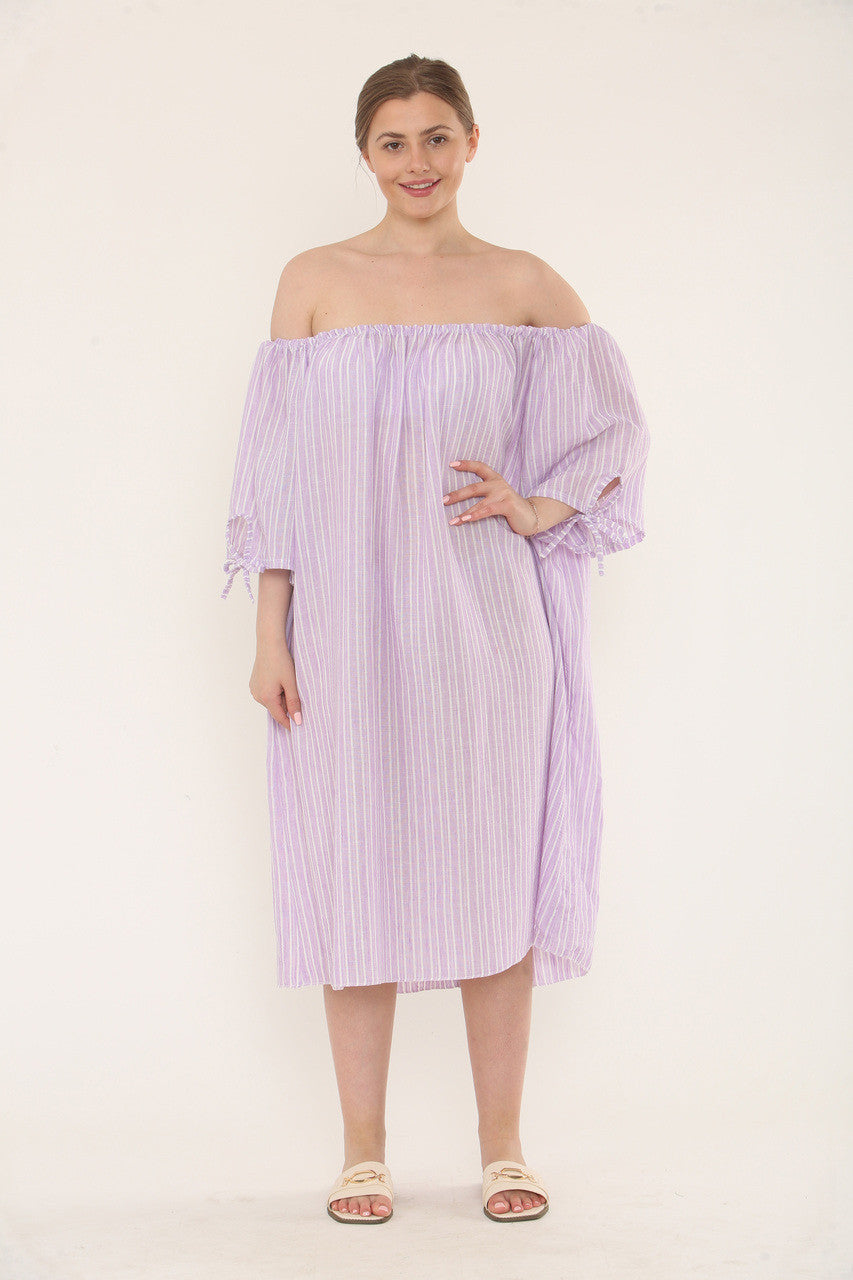 Pinstripe Bardot Dress - Lilac