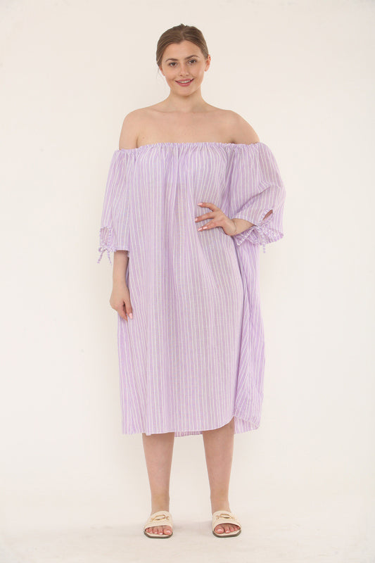 Pinstripe Bardot Dress - Lilac