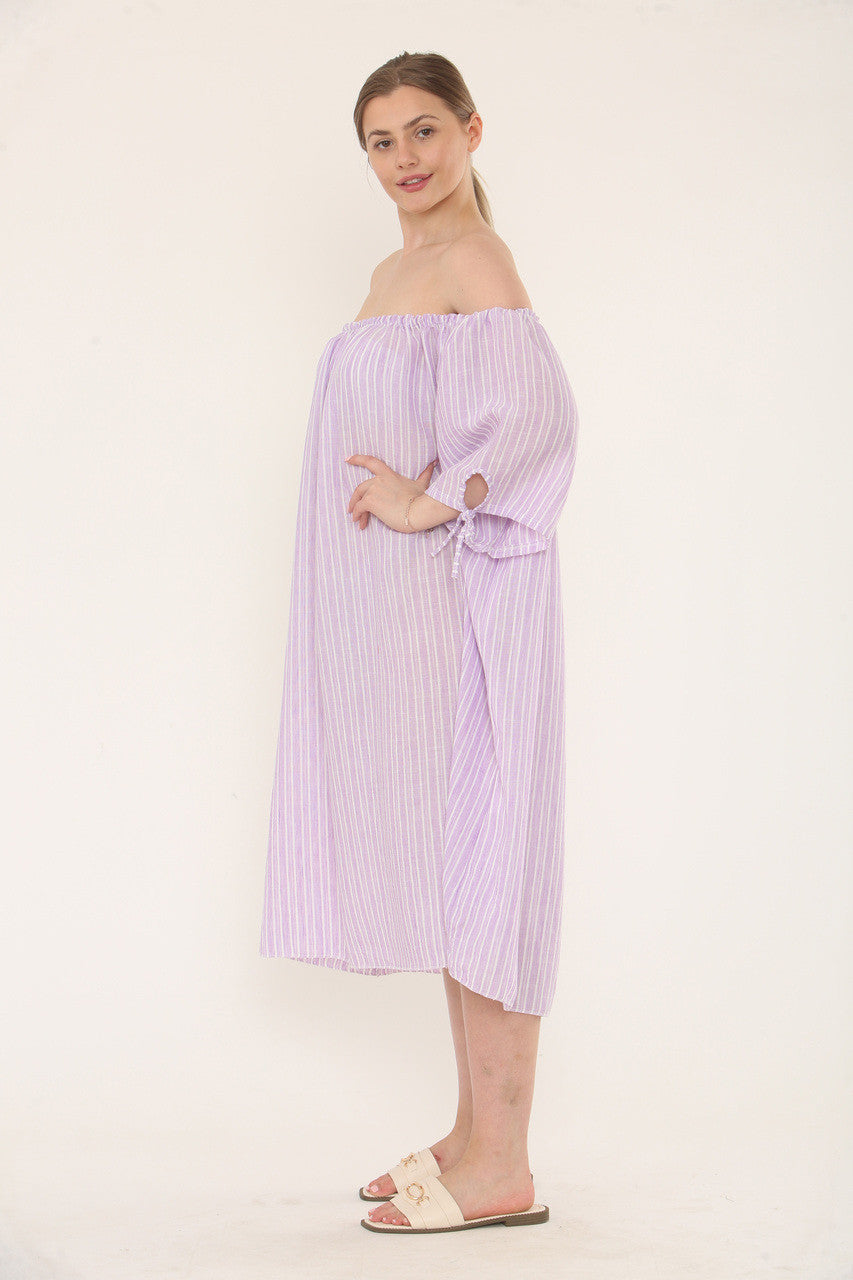 Pinstripe Bardot Dress - Lilac