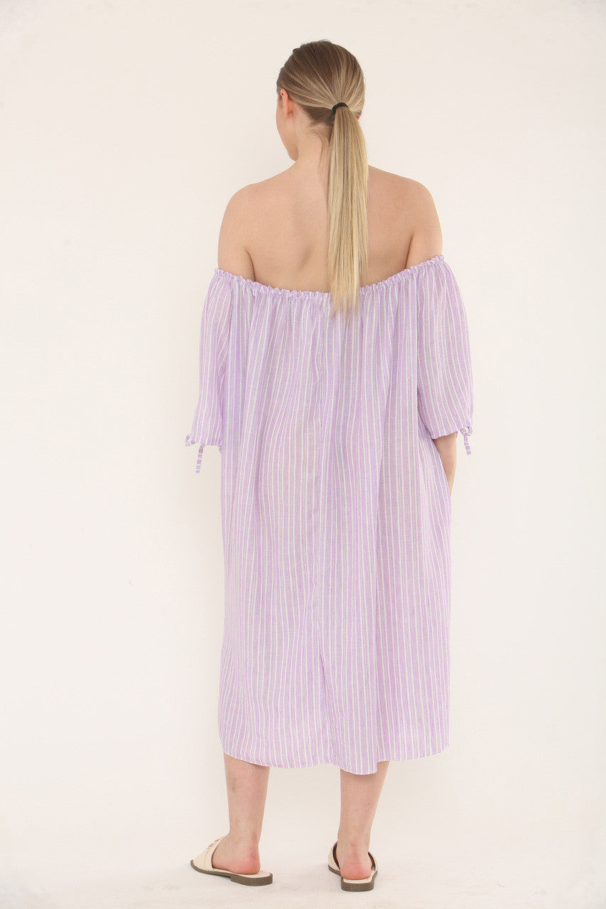 Pinstripe Bardot Dress - Lilac