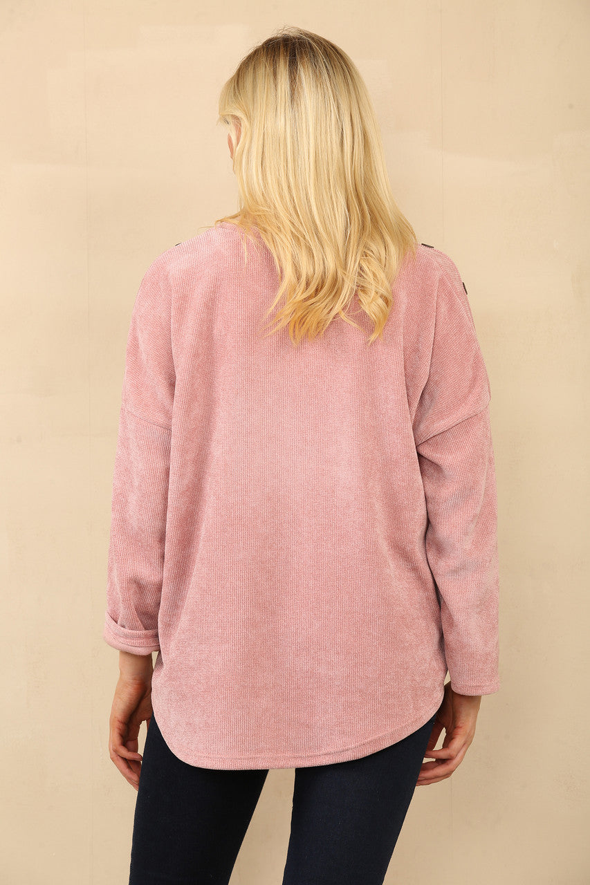 CORDUROY TOP MET KNOPEN OP DE SCHOUDER STOFROZE