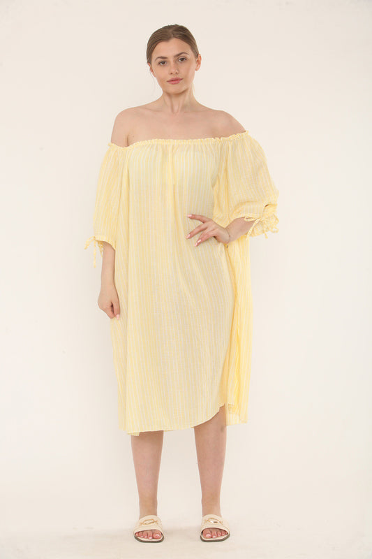 PINSTRIPE BARDOT DRESS - LEMON