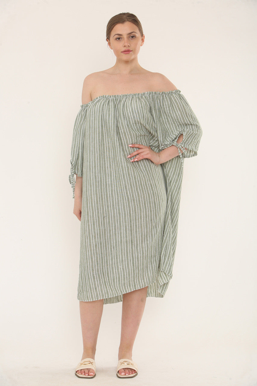PINSTRIPE BARDOT DRESS - KHAKI