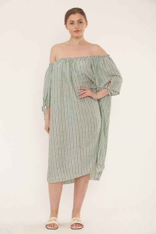 PINSTRIPE BARDOT DRESS - KHAKI