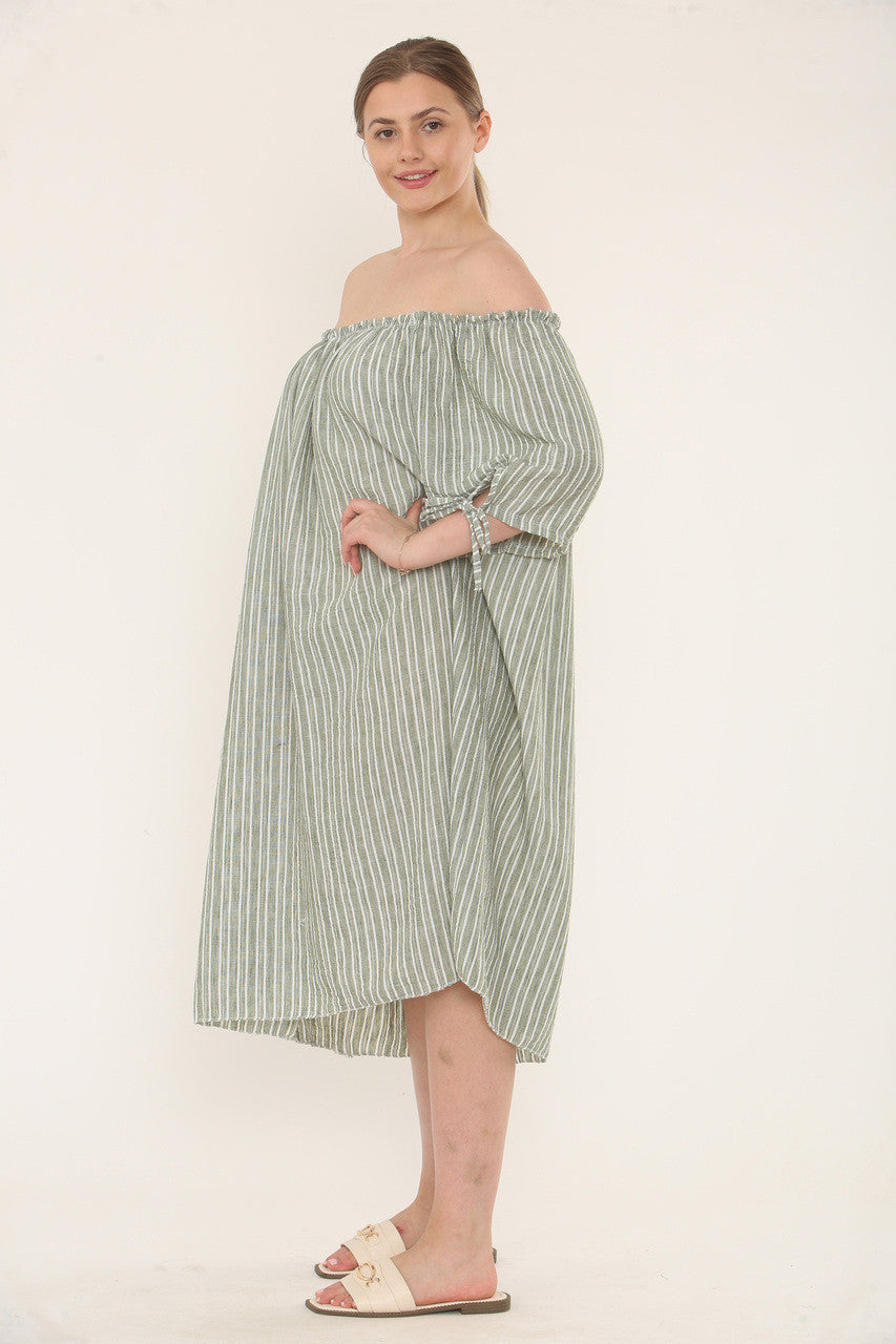 PINSTRIPE BARDOT DRESS - KHAKI