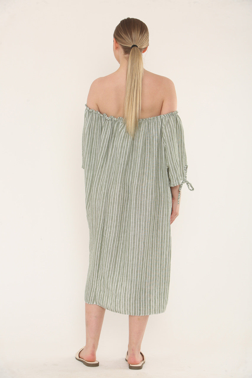 PINSTRIPE BARDOT DRESS - KHAKI
