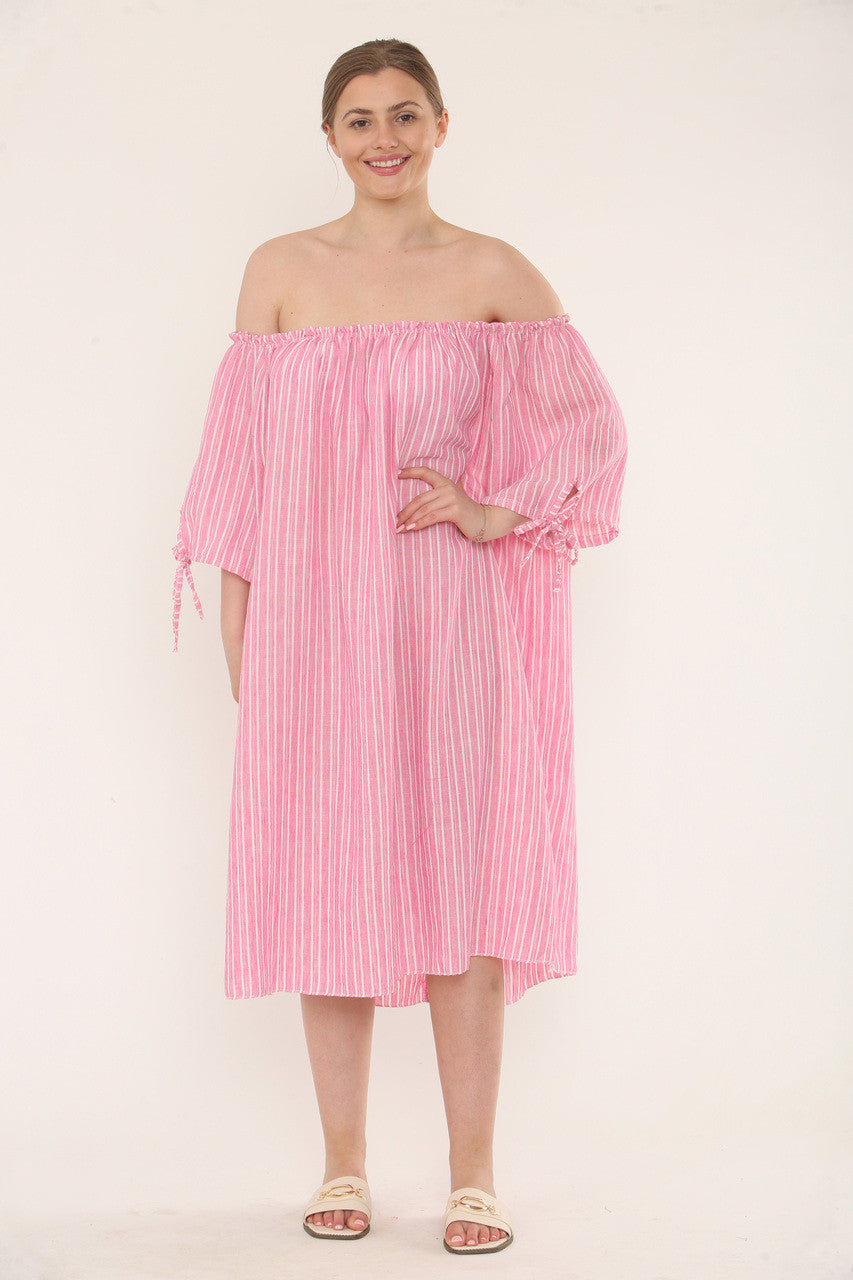 Pinstripe Bardot Dress - Soft Pink