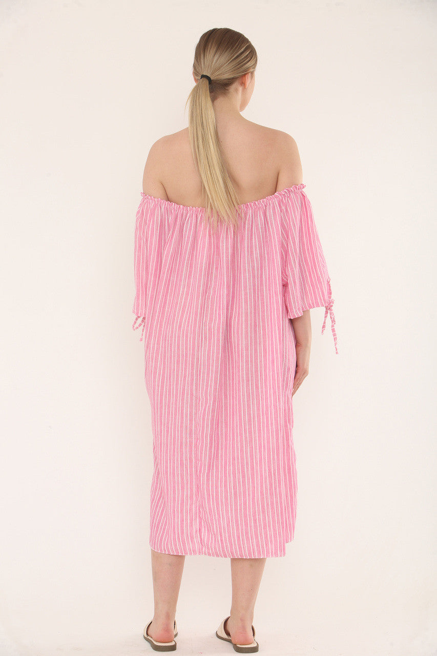 Pinstripe Bardot Dress - Soft Pink