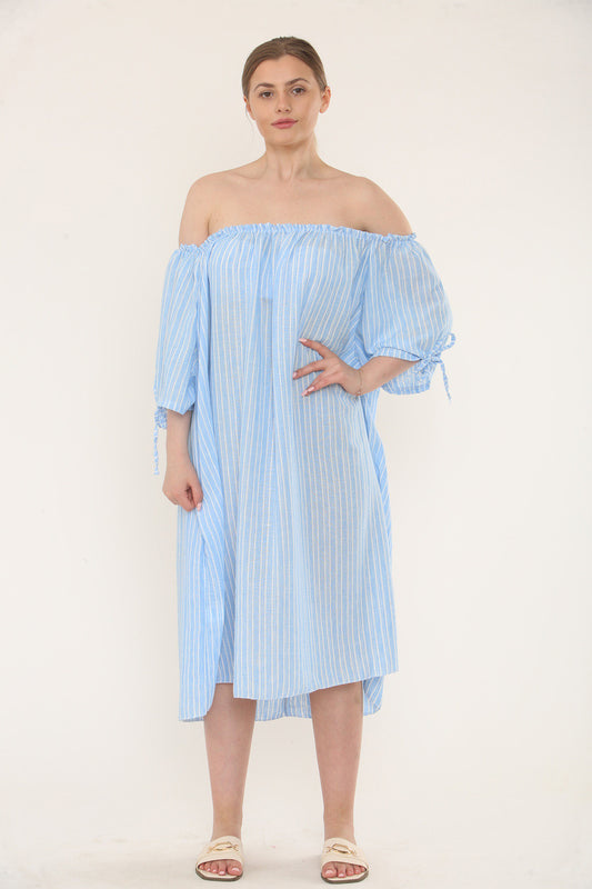 PINSTRIPE BARDOT DRESS - LIGHT BLUE