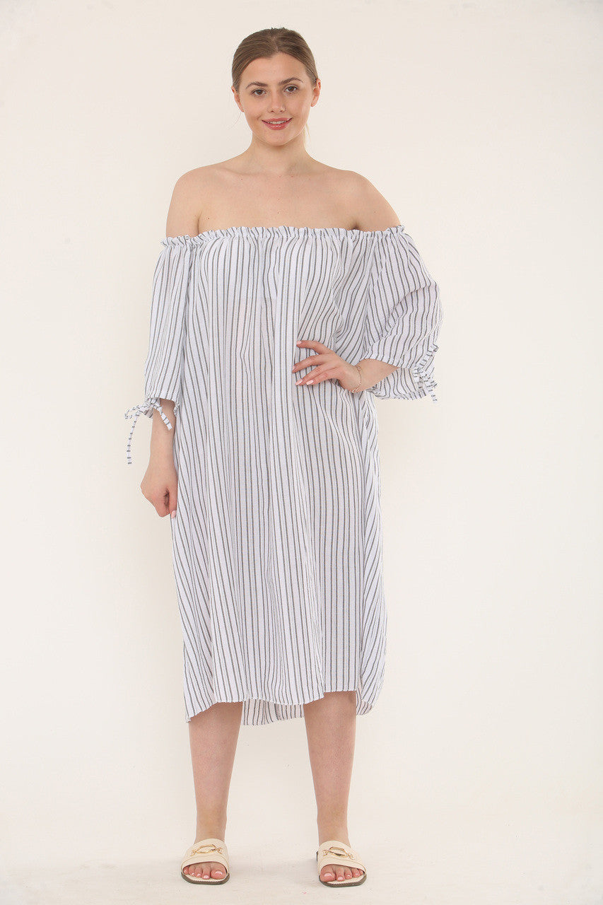 Pinstripe Bardot Dress - White