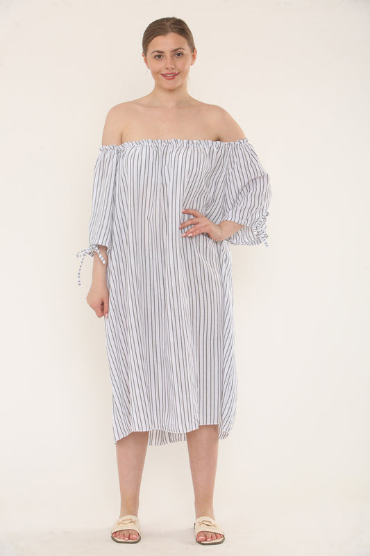 Pinstripe Bardot Dress - White