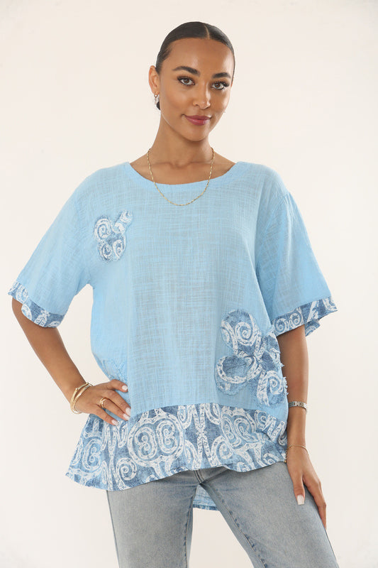 SWIRLS PRINT PATCHWORK TOP - LICHTBLAUW