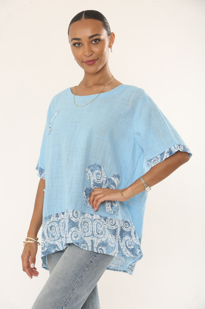 SWIRLS PRINT PATCHWORK TOP - LICHTBLAUW