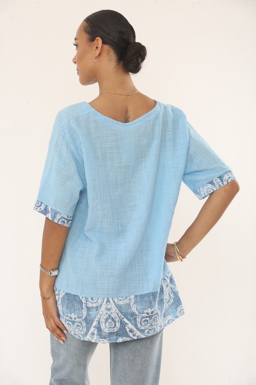 SWIRLS PRINT PATCHWORK TOP - LICHTBLAUW