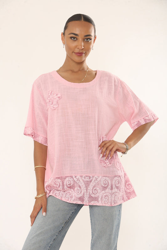 SWIRLS PRINT PATCHWORK TOP - ROZE