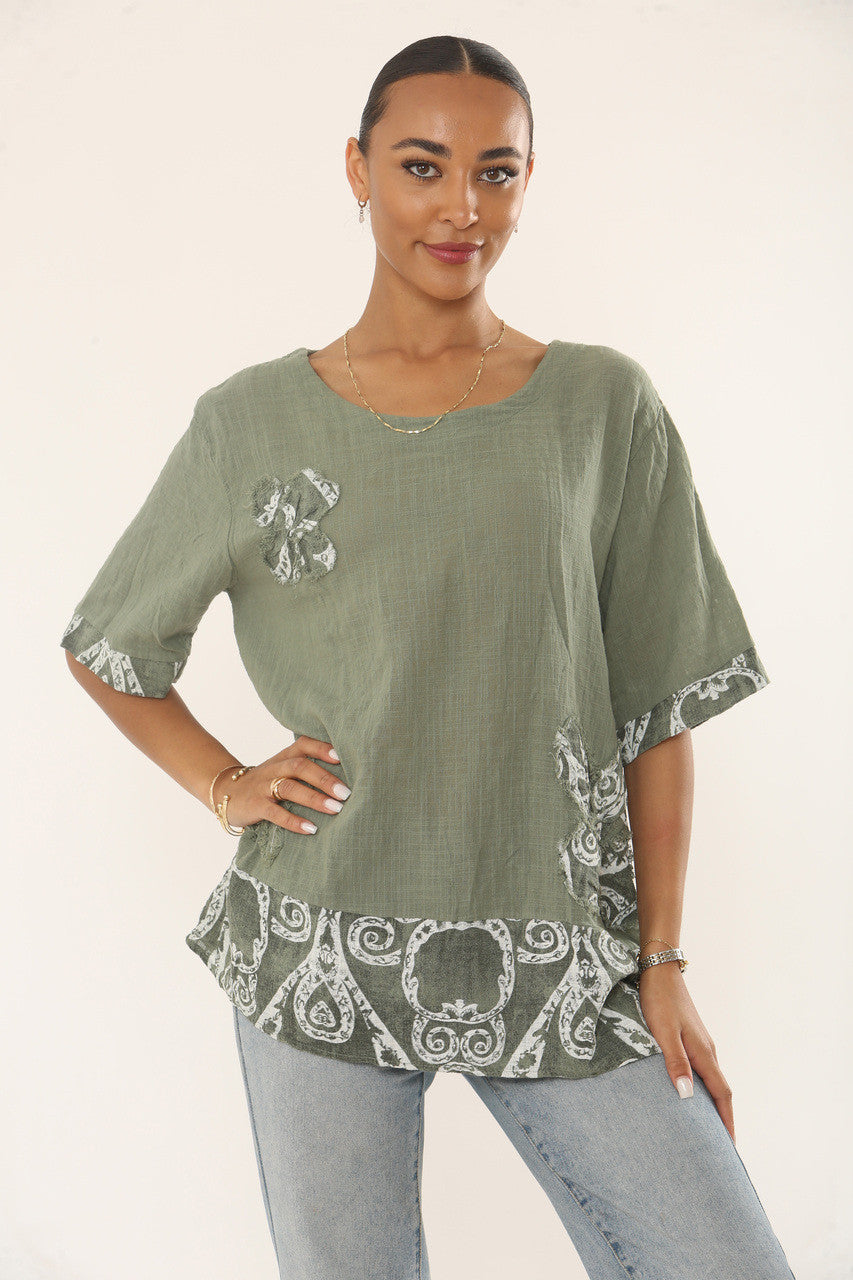 SWIRLS PRINT PATCHWORK TOP - KHAKI