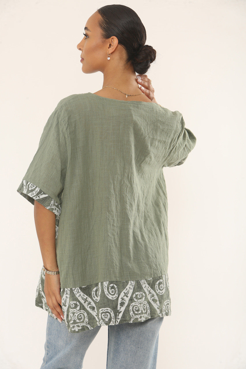 SWIRLS PRINT PATCHWORK TOP - KHAKI