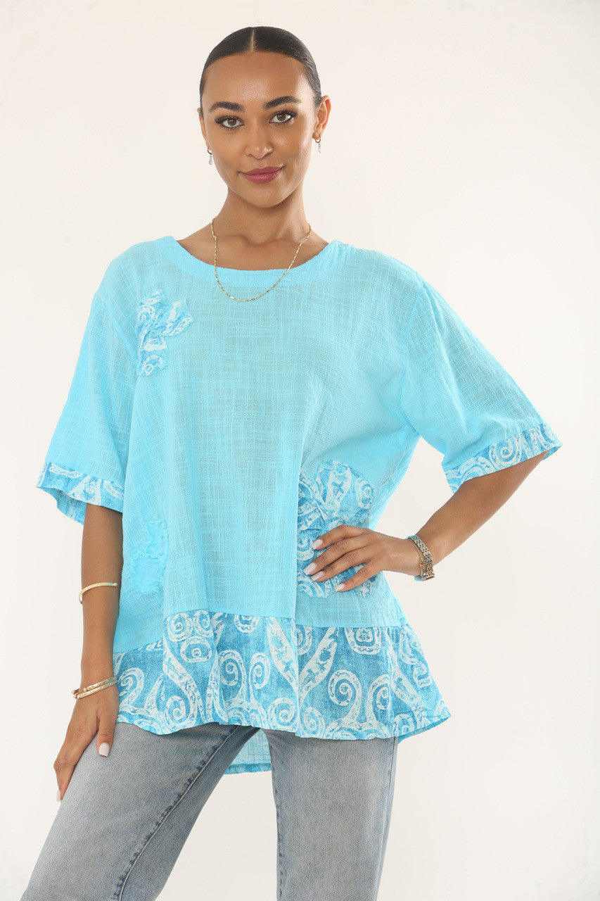 SWIRLS PRINT PATCHWORK TOP - TURQUOISE