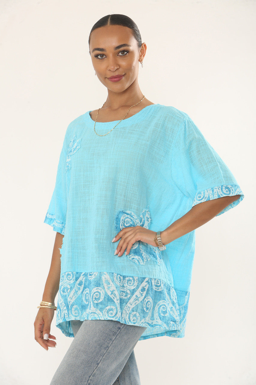 SWIRLS PRINT PATCHWORK TOP - TURQUOISE