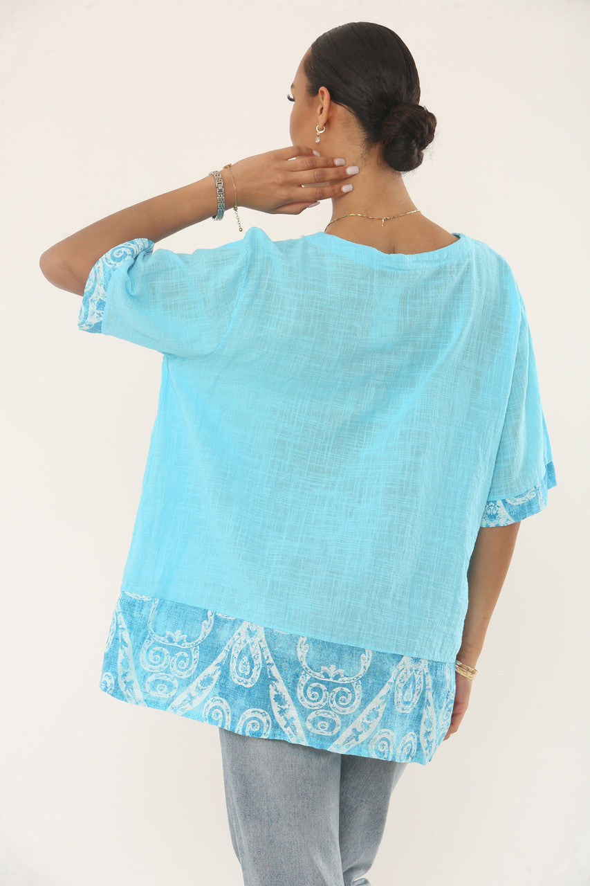 SWIRLS PRINT PATCHWORK TOP - TURQUOISE
