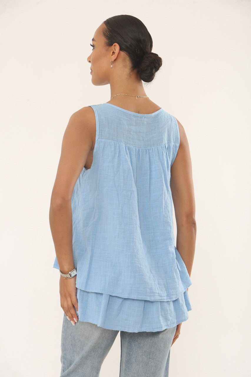 BRODERIE ANGLAISE MOUWLOZE TOP MET LAGEN - LICHTBLAUW