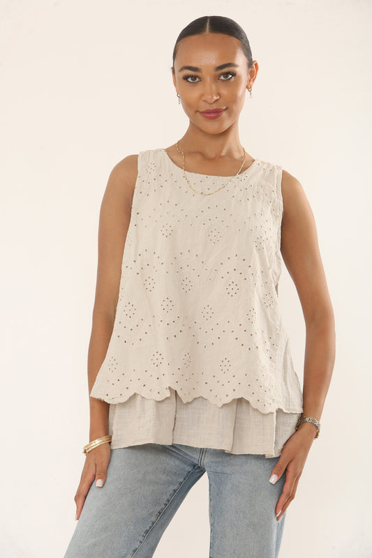 BRODERIE ANGLAISE TIERED SLEEVELESS TOP - STONE