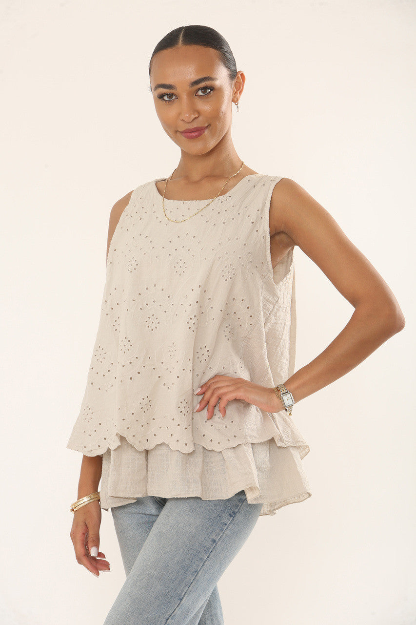 BRODERIE ANGLAISE MOUWLOZE TOP MET VOLANTS - STEEN