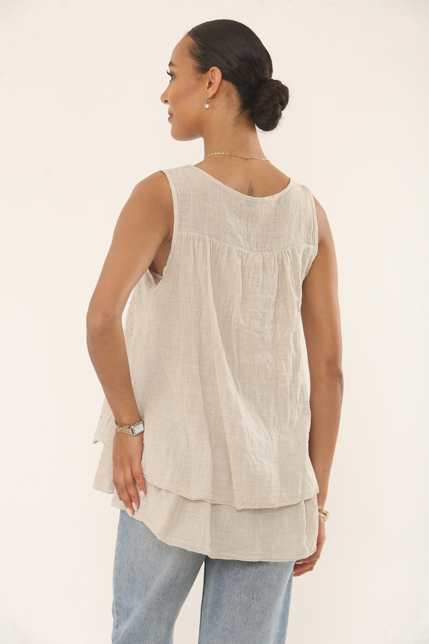 BRODERIE ANGLAISE MOUWLOZE TOP MET VOLANTS - STEEN
