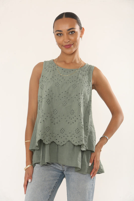 BRODERIE ANGLAISE TIERED SLEEVELESS TOP - KHAKI